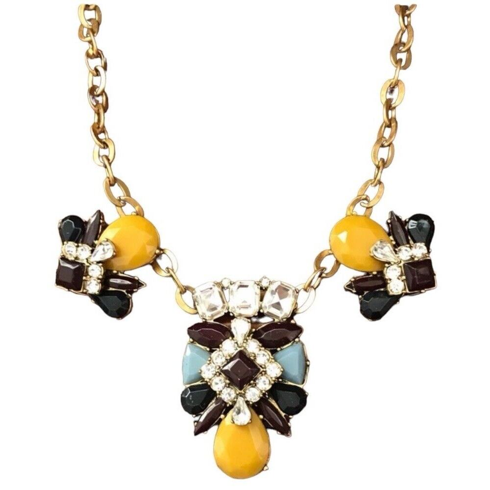 J. Crew Mustard Yellow Blue‎ Eggplant Antique Gold Rhinestone Statement Necklace